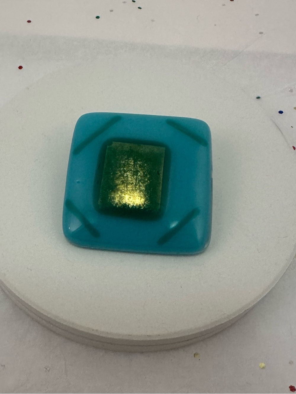 Turquoise Glass Tile Brooch with Gold Green Center